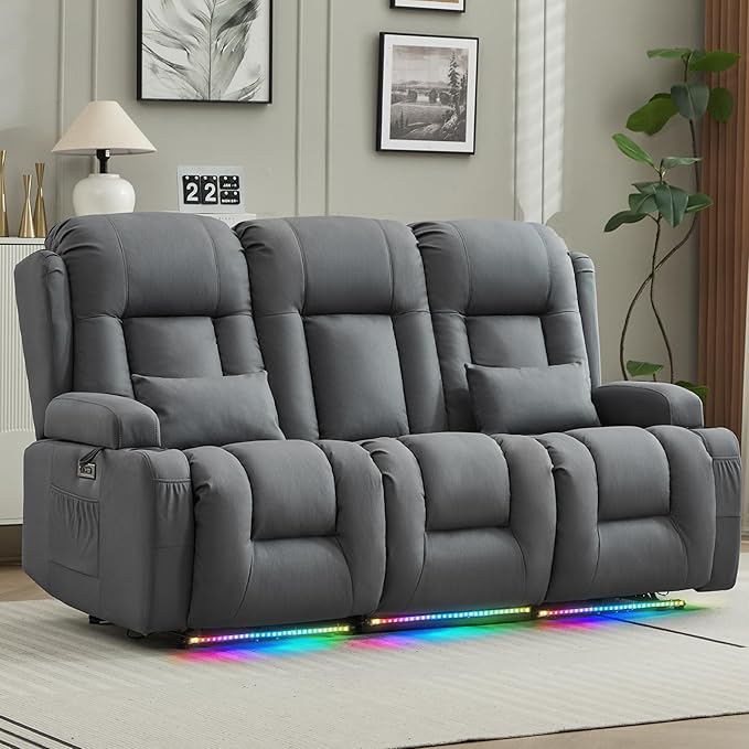 URRED Loveseat Recliner Sofa with Massage and Heat, Flip Middle Backrest Design 3 Seat Power Reclining RV Sofa Couch, Home Theater Seating with LED Lights, USB Ports, Outlets, Leathaire Blue