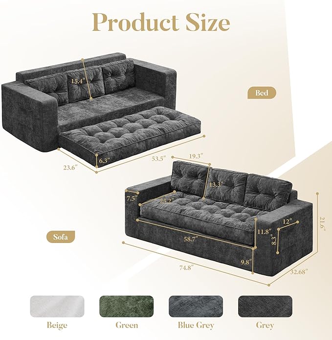 Hobestluk 3-Seater Sofa Boneless Couch with Tufted Button Design 2 in 1 Comfy Cloud Couch Oversized Sofa for Living Room Bedroom Apartment or Office (Grey, 3 Seater)