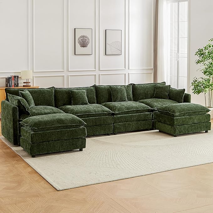 saows Modular Sectional Sofa, 147.2 Inch U Shaped Couch Set with Armrests, 4-Seater Comfy Cloud Couches with Movable Ottoman for Living Room Apartment, Green