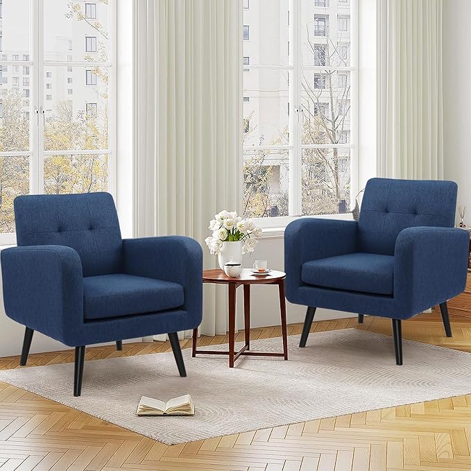LSSPAID Modern Accent Chairs, Upholstered Fabric Cozy Armchairs, Living Room Side Chair with Solid Wood Legs, Blue