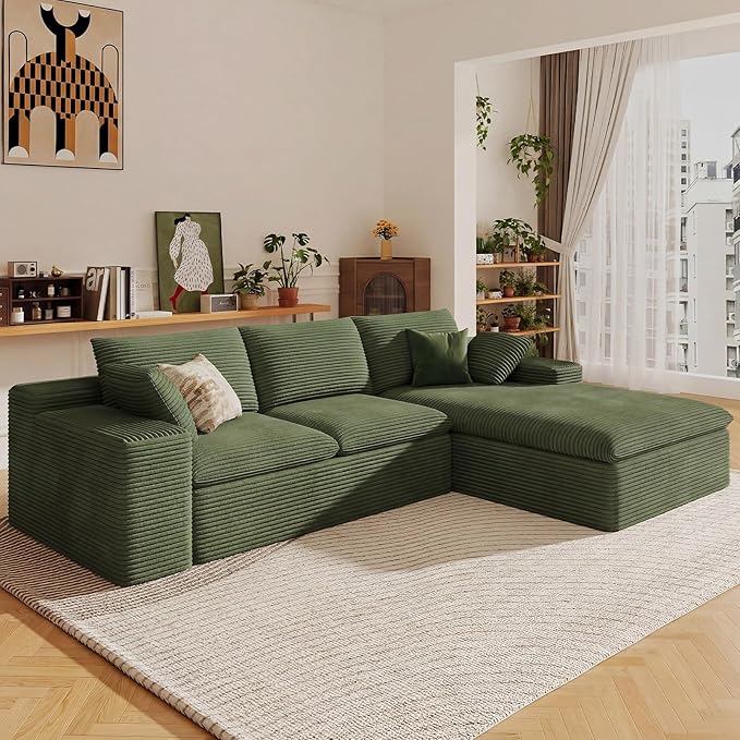 107" Cloud Sectional Couch with L-Shape Chaise,Corduroy Viral Boneless Sofa for Living Room,Modern Memory Foam Couches in a Box with Deep Seat,No Assembly Required (Green,Right-Facing Chaise)