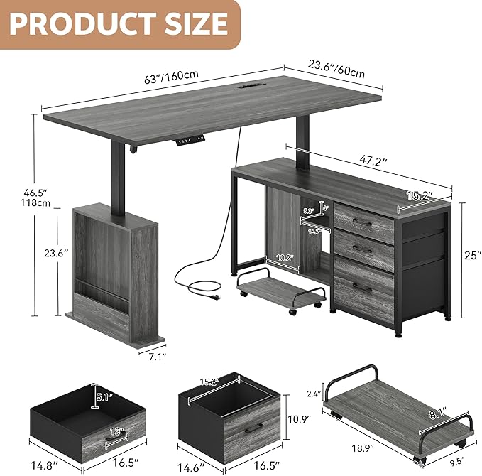 63" L Shaped Standing Desk with 3 Drawers Electric Adjustable Height Desk Corner Standing Desk with Storage Computer Game Desk with Power Outlets Computer Tower Stand for Home Office, Grey