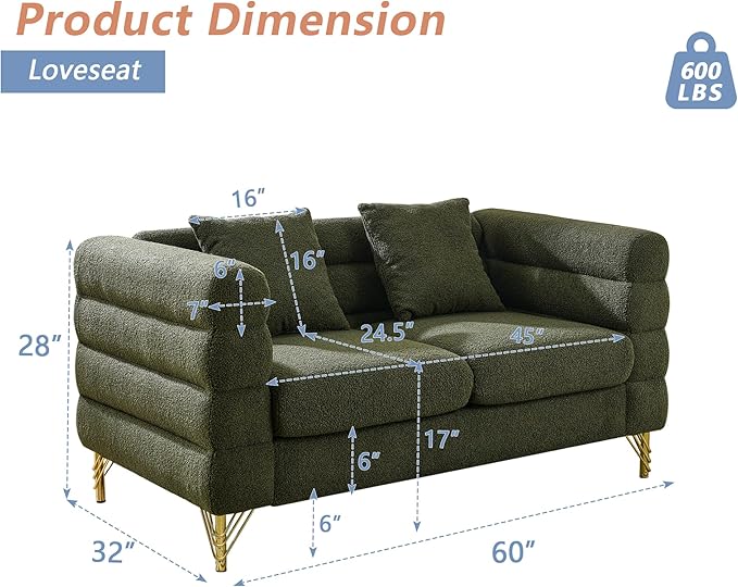 mikibama Modern Teddy Loveseat Sofa, 60 Inch Sectional Sofa Couch, Luxury 2 Seater Deep Couch with 2 Pillows and Gold Metal Legs for Living Room, Bedroom, Apartment (Green)