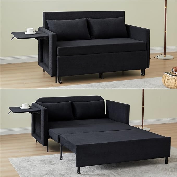 QHITTY Pull Out Couch Bed, 2-in-1 Sleeper Sofa Small Loveseat Bed with Hidden Side Table and Iron Frame for Living Room, Small Space, Apartment (Black)