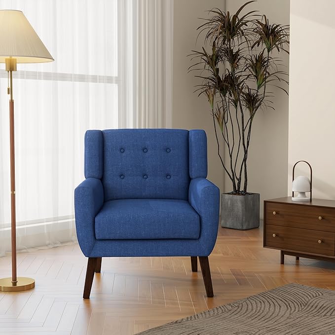 Accent Chair, Mid-Century Modern Fabric Chairs with Arms for Living Room, Comfy Upholstered Club Single Sofa Armchair for Bedroom Waiting Room with Solid Wood Frame (Fabric Navy Blue, Set of 1)