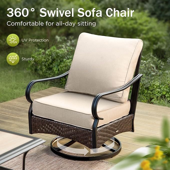 Swivel Patio Sofa Chairs - 2 PCS Outdoor Swivel Rocker Armchairs, Patio Seating with High Back Deep Seat for Porch Deck Balcony