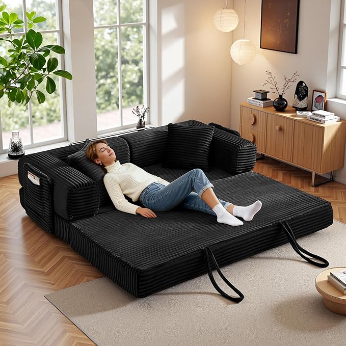 Chorlenimi Boneless Couch Futon Sofa Bed Sectional Couches for Living Room,Cloud Couch with Sleeper Sofa,Sofas for Living Room Oversized Corduroy Upholstered (Black, 81 Inches (with Iron Frame))