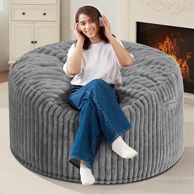 Homguava 4 FT Bean Bag Chair,4' Big Bean Bag,Large Bean Bag Chairs for Adults with Memory Foam Filled,Comfy Beanbag Chairs Soft Bean Bag Sofa with Dutch Corded Plush Cover-Grey