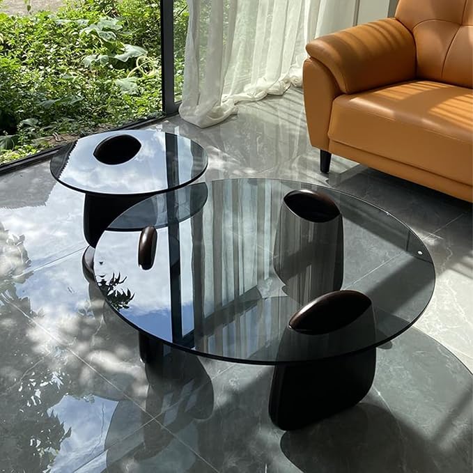 EASYSOUL Modern Round Coffee Table with Glass Top, 35.43" L x 35.43" W x 14.69" H, Circular Tea Tables for Living Room Home Office Industrial Cocktail Tables (Black-Grey Glass/35.43 ")