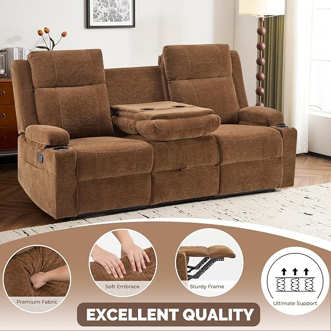 PALLOME Chenille Reclining Sofa 3-Seater with Convertible Table, Storage Ottoman & Cup Holders | Modern Space-Saving Couch, Ergonomic Living Room Furniture (Brown)