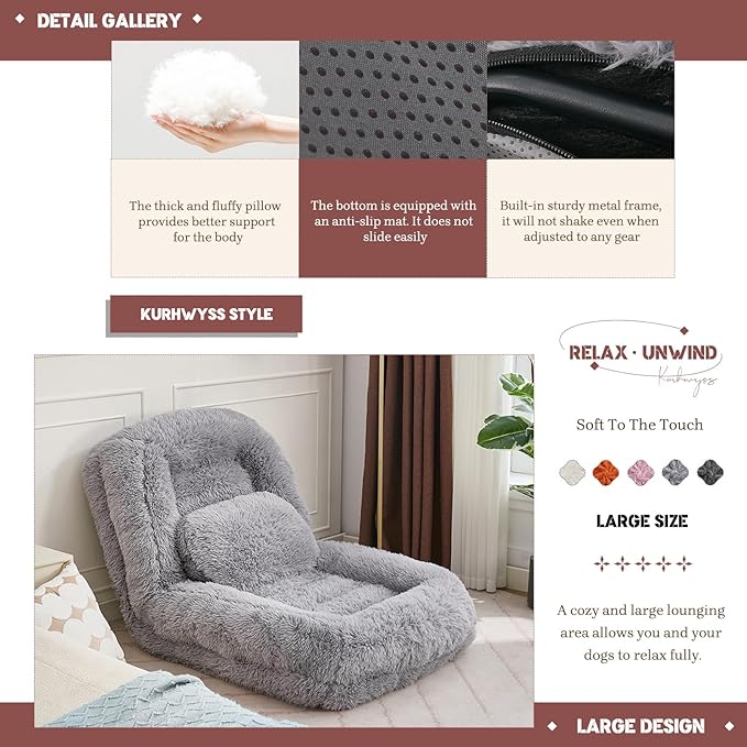 Upholstered Human Dog Bed for Adult & Pets, Convertible Lazy Sofa Bed with 5 Adjustable Position, Comfy Tatami Bean Bag Lounge Chair with 2 Soft Pillows for Bedroom Living Room (Light Gray Fluffy)
