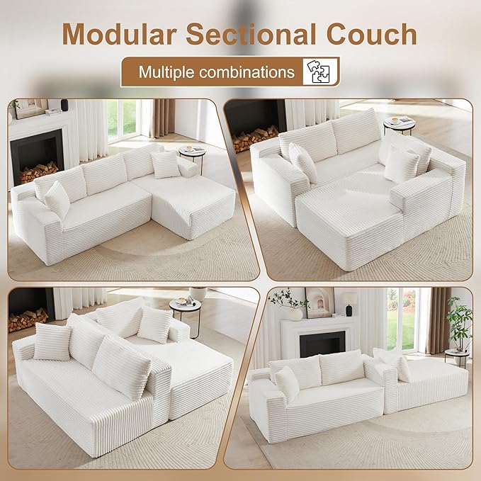 105" Sectional Couches for Living Room Cloud Couch Sofa with L-Shape Upholstered Boneless Couchs Modern Modular Sectional Couch with Chaise (White, 105" W+Right Facing Chaise+2Seaters)