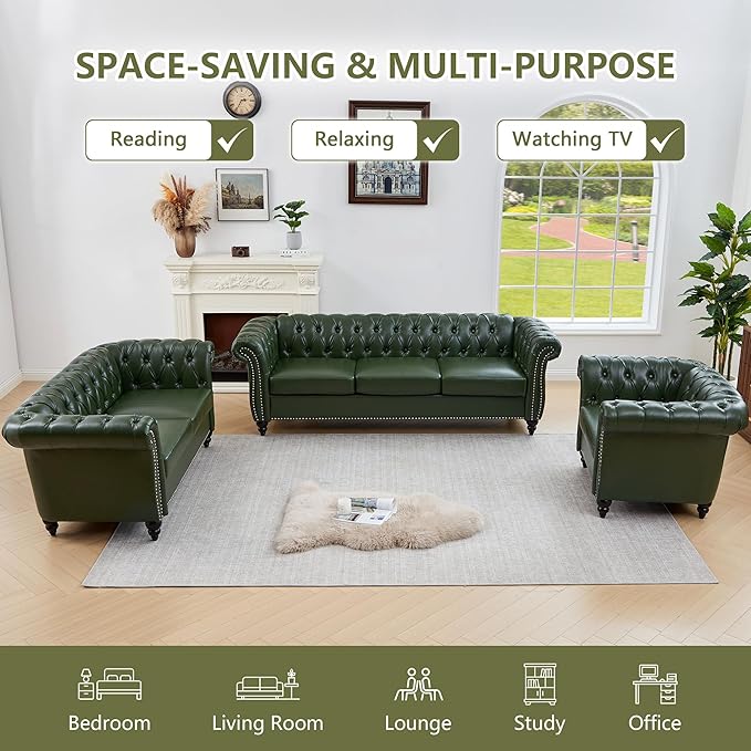 QHITTY Accent Sofa, Chesterfield Loveseat Modern Leather Couch Upholstered Sofa with Tufted Back for Living Room Furniture (Green)