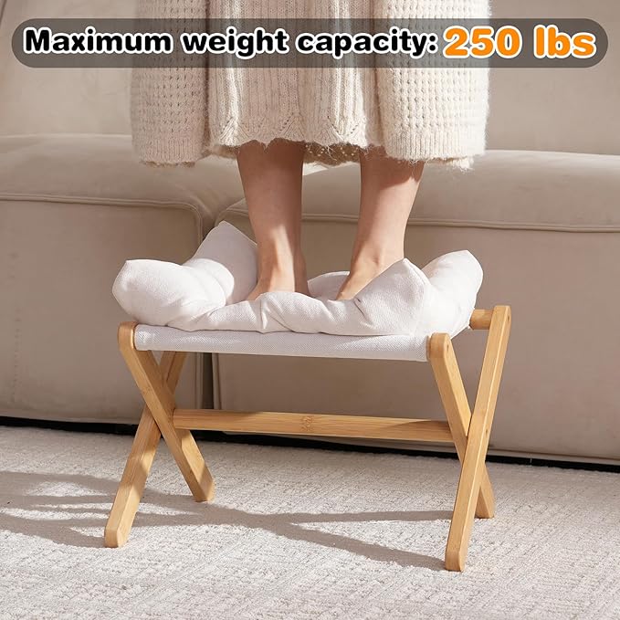 Ottoman Foot Rest- Bamboo Foldable Stool, Foot Stools Small Ottman with Upholstered & X Legs, Folding Stool for Makeup, Bedroom and Living Room (Small Beige)