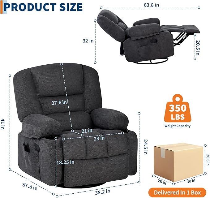 Rocker Recliner Chairs for Adults w/Vibration Massage and Heating,360° Swivel Rocker Glider Recliner,Extra Wide Manual Lazy Chair,Chenille Fabric Sofa Chair for Living Room,Bedroom,Black