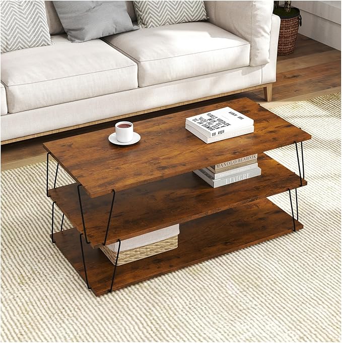 KJGKK Coffee Table, 40" Center Table with Storage Shelf, Rectangle Coffee Table, for Living Room, Toolless, Easy Assembly, Simple Style, Rustic Brown (Classic)
