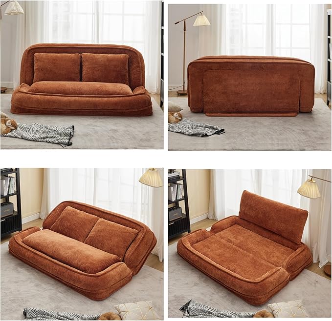 Foldable Lazy Sofa Bed, Chenille Upholstered Human Dog Bed for Adults, 2 in 1 Convertible Floor Sofa with 5 Adjustable Backrest Positions and Soft Cushions for Living Room (Orange)