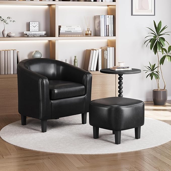 Yaheetech Accent Chair with Ottoman Set, Modern Faux Leather Upholstered Soft Barrel Chair and Footrest, Club Armchair and Footstool for Living Room/Bedroom/Reading Room/Guest Room, Black