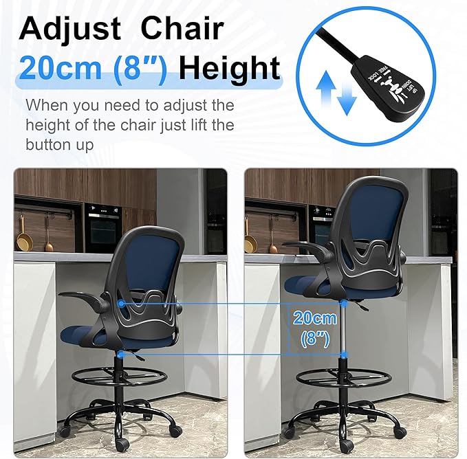 Primy Drafting Chair Tall Office Chair with Flip-up Armrests Executive Ergonomic Computer Standing Desk Chair with Lumbar Support and Adjustable Footrest Ring (Navy)