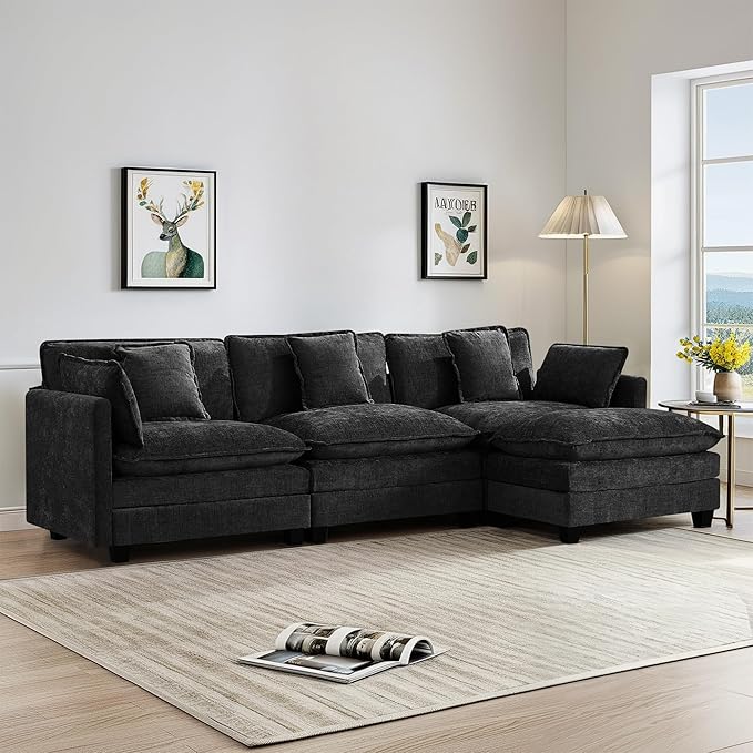 UMBFUN 3-Seater Cloud Couch with Ottoman, Oversized Comfy Modular Sectional L Shaped Sofa with Deep Seats, Chenille Couch for Living Room, Dark Grey