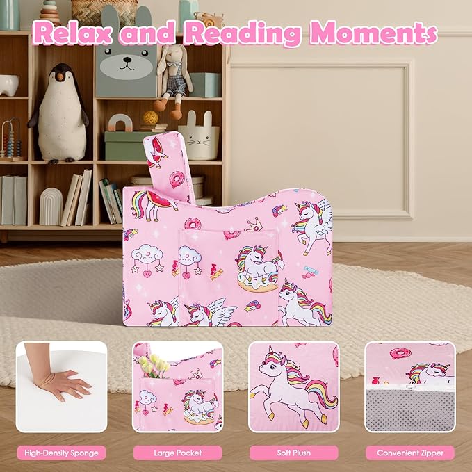 alldomess Comfy Kids Couch, 2-in-1 Folding Kids Sofa Bed for Toddler Girls, Convertible Sofa to Lounger Toddler Couch Chair for Baby Bedroom Playroom Nursery,Unicorns Candies