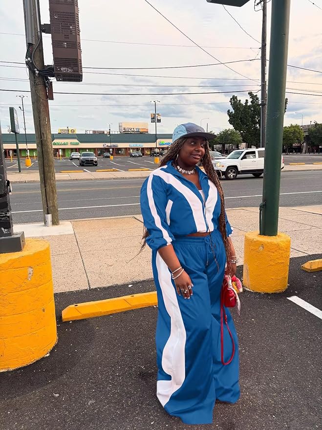 Women Striped 2 Piece Outfits Fall Workout Sets Windbreaker Tracksuit Crop Jacket Wide Leg Pants with Pockets