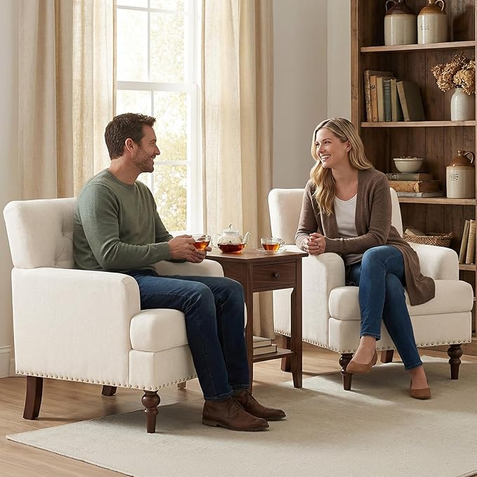 Upholstered Accent Chair with Thick Cushion, High Back Reading Chair, Linen Blend Armchair with Solid Rubberwood Legs for Living Room, Bedroom, Reading Nook, Apartment & Small Spaces,Beige