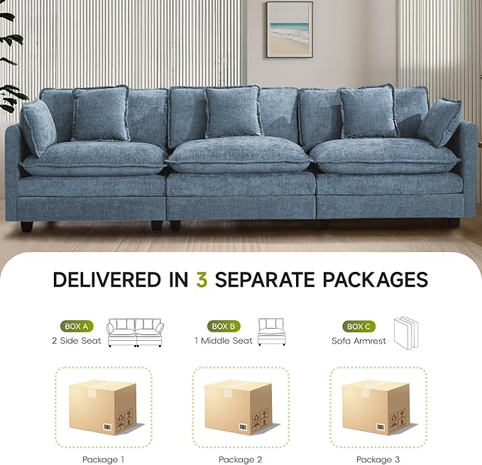UMBFUN 3-Seater Cloud Couch, Oversized Modular Sectional Sofa with Deep Seat Soft Cushions, Comfy Chenille Couch for Living Room, Apartment & Family Space, Blue
