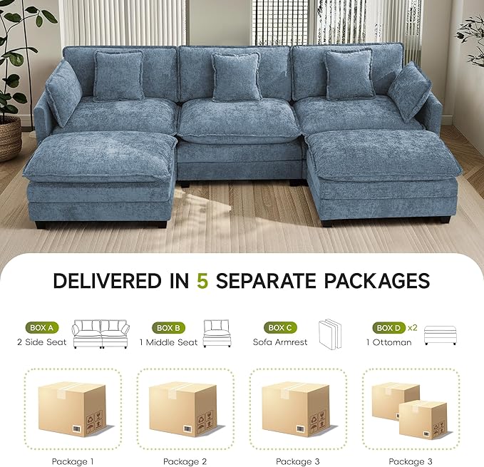 UMBFUN 3-Seater Cloud Couch with 2 Ottomans, Oversized Modular Sectional U Shaped Sofa with Deep Seat Cushions, Comfy Chenille Couch for Living Room,Blue
