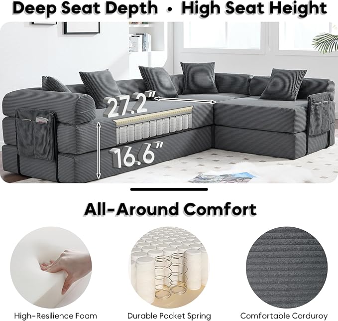 L Shape Convertible Sofa Bed with Cylindrical Pillow and Storage Pocket, Convertible Sofa Couch Bed with Support Frame for Living Room Bedroom Children Room-Grey