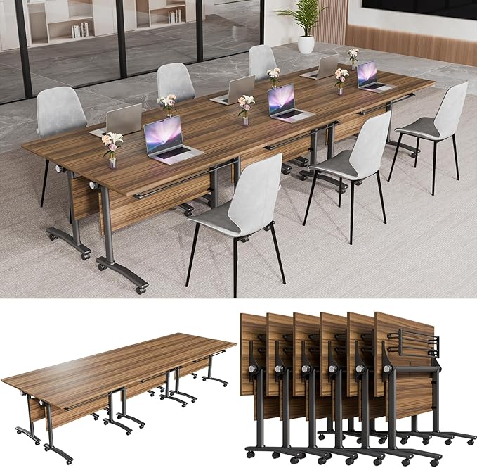 Conference Table, Modern Folding Meeting Tables with Flip Top, Mobile Podcast Table with Four Locking Wheels, Large Training Table for Meeting Room, Office, Classroom (6, A, 61in)