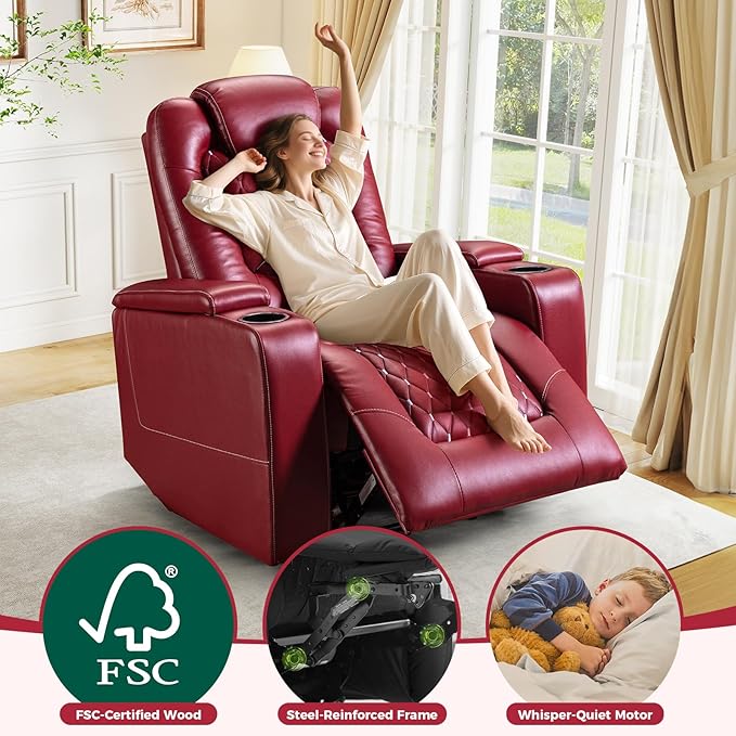 ANJ Power Recliner Chair Set of 3, Electric Soft Leather Reclining Home Theater Seating - USB Ports, Cup Holders, Hidden Arm Storage Movie & Media Room Chairs (Red)