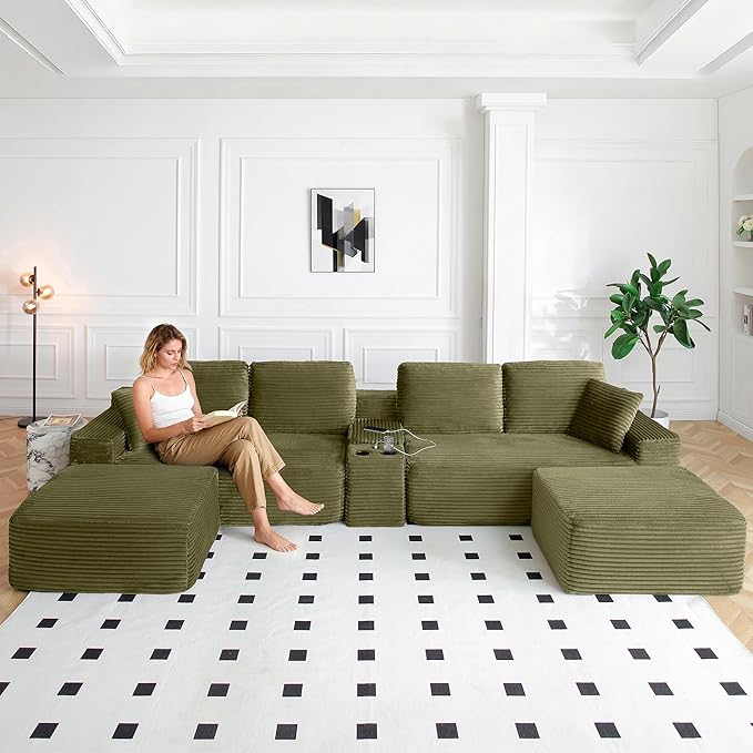 125” Oversized Modular Sectional Sofa, Deep Seat Corduroy Cloud Couch with Cup Holders, USB Ports & Storage Box, Sleeper Sofa Couch Boneless Couches for Living Room, No Assembly Required (Green)
