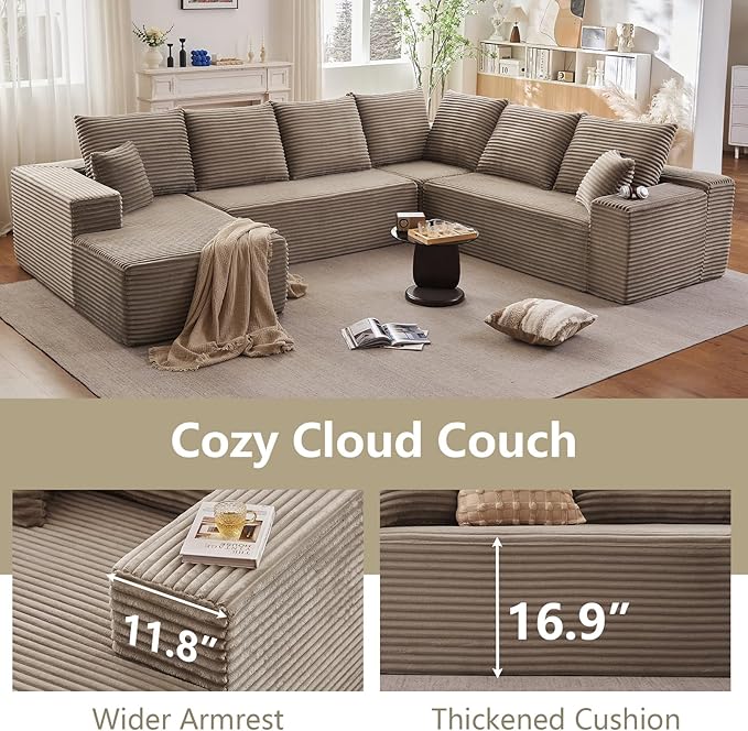 Sectional Cloud Couch with L-Shape Chaise, Upholstered Corduroy Couches Stupendous U Shaped Sofas, Modern Modular Comfy Sofa with Deep Seat for Living Room Bedroom, No Assembly Required, Camel