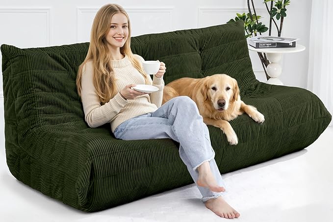 Bean Bag Chair,Giant Beanbag Chairs for Adults,Comfy Large Fireside Chair Lazy Sofa,Corduroy Bean Bag Lounger with Memory Foam Filled,Floor Sofa Couch for Home,Living Room (Green, 3-Seater)