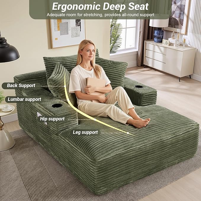 50"W x 68"D Oversized Chaise Lounge Chair Indoor Boneless Reading Chair Plush Corduroy Recliner with Cup Holders Large Deep Seat Comfy Sofa Bed Couch with 3 Pillows for Living Room Bedroom, Green