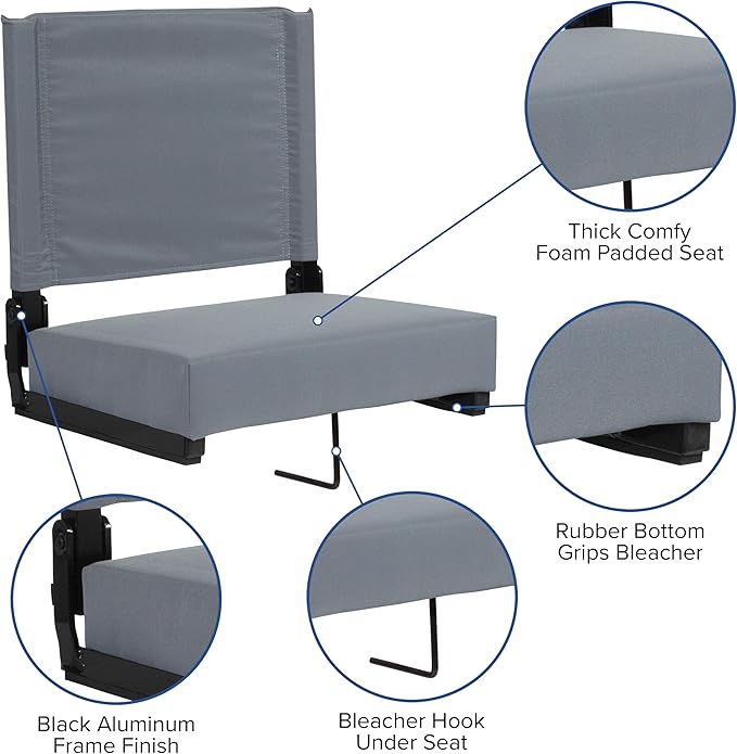 Flash Furniture Grandstand Portable Stadium Seat for Bleachers or Benches, Folding Padded Stadium Chair with Carrying Handle, 500 lb. Weight Capacity, Gray
