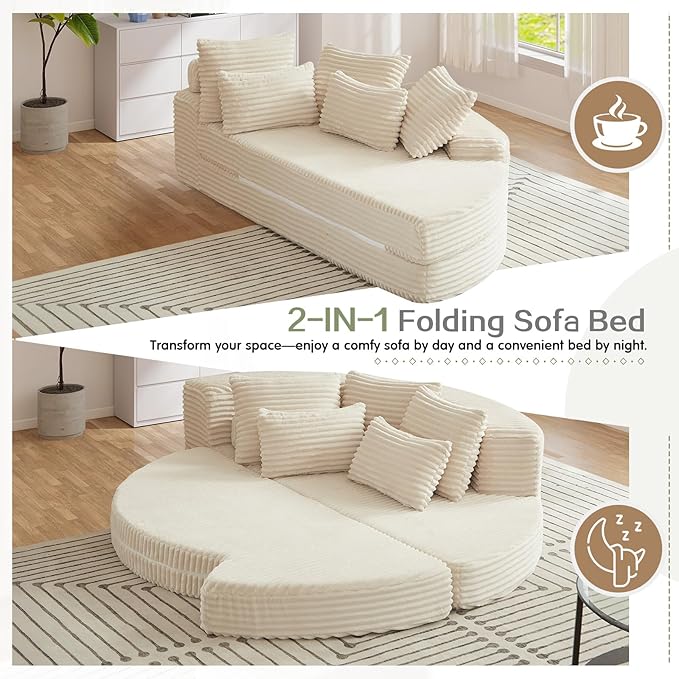 Antetek Chaise Lounge Chair Indoor, Convertible Folding Futon Sofa Bed w/ 5 Pillows, Fluffy Corduroy Boneless Compressed Memory Foam Couch for Living Room, Bedroom (Beige, Right Half)