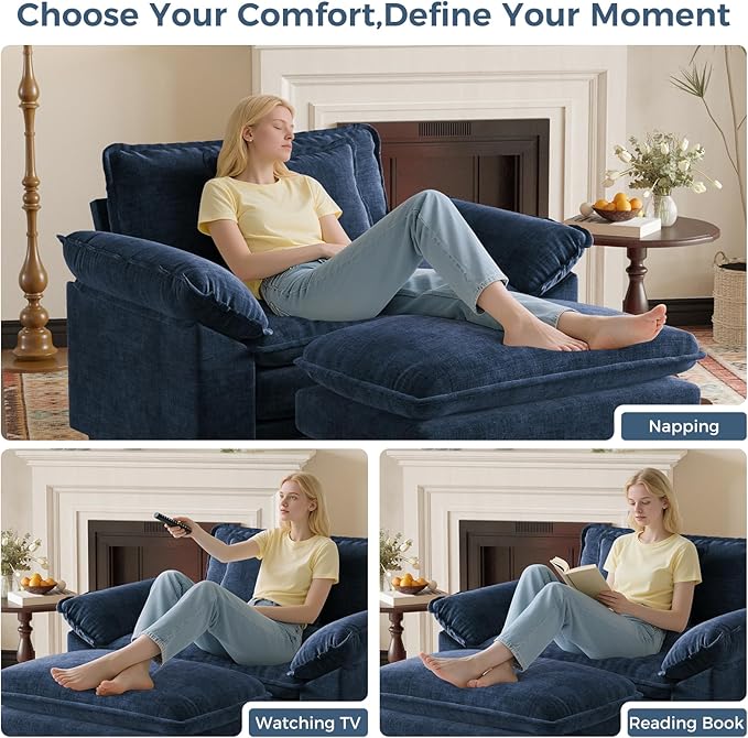 HUSFU Accent Chair with Ottoman, Oversized Chenille Cloud Couch Chair with Deep Seat and Extra Wide Armrests, Comfy Reading Armchair for Bedroom, Living Room, Blue