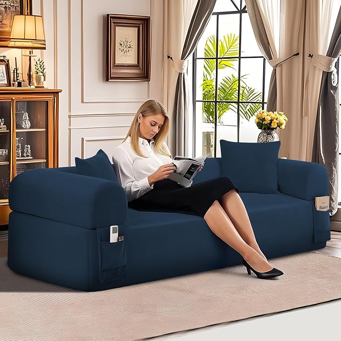 83" Boneless Couch, 3 Seater Sofa with 2 Matching Pillows Compact Corduroy Couches for Living Room Side Storage Pockets, Floor Sofa with Removable Armrests, No Assembly Required, Blue