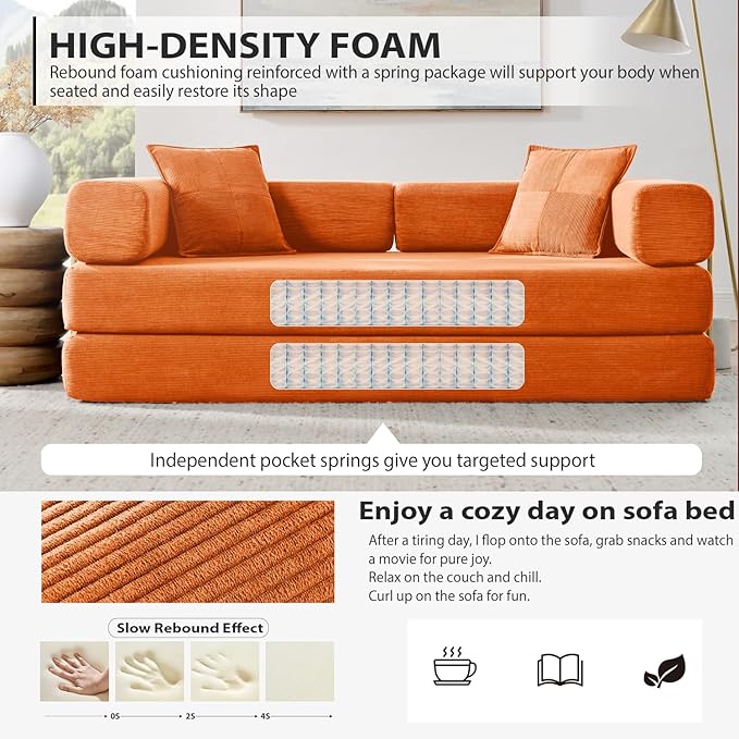 HANXIN Convertible Sleeper Sofa Bed, 78 Inch Folding Floor Mattress Couch with Fixed-Shape Frame, Futon Boneless Couch Lounge Loveseat with Pull Out Bed, No Assembly Required