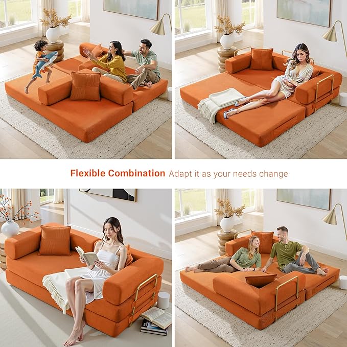 78" Convertible Sleeper Sofa Bed, Corduroy Folding Sofa Bed with Fixed-Shape Frame, Fold Out Floor Mattress Couch, Lazy Compression Sofas for Living Room, Bedroom, No Assembly Required, Orange
