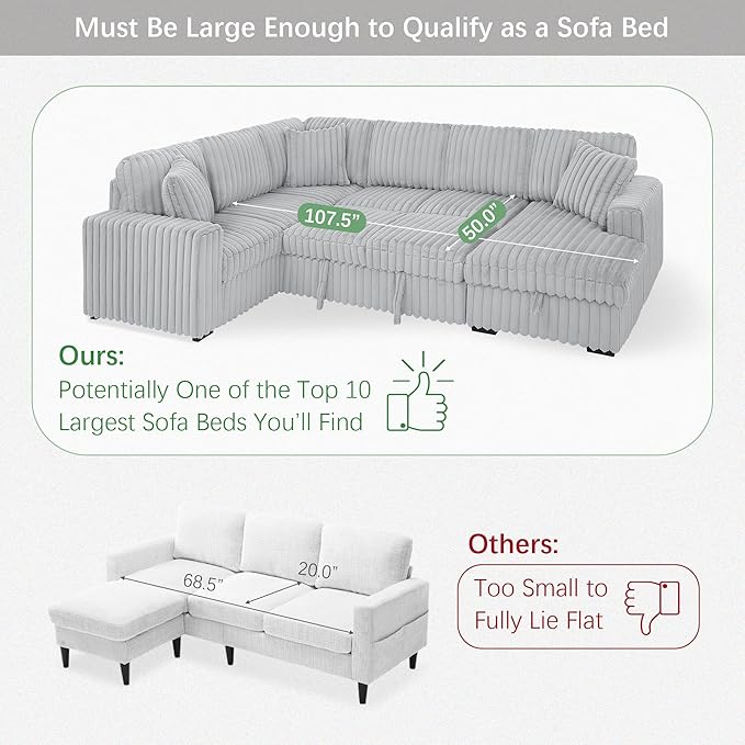 Olodumare Oversized Convertible Sectional Sofa Bed for Living Room, Modern 122'' Corduroy Upholstered U-Shaped Couch with Right Chaise Hidden Storage & Pull-Out Bed, USB & Type-C Port, Ash Grey