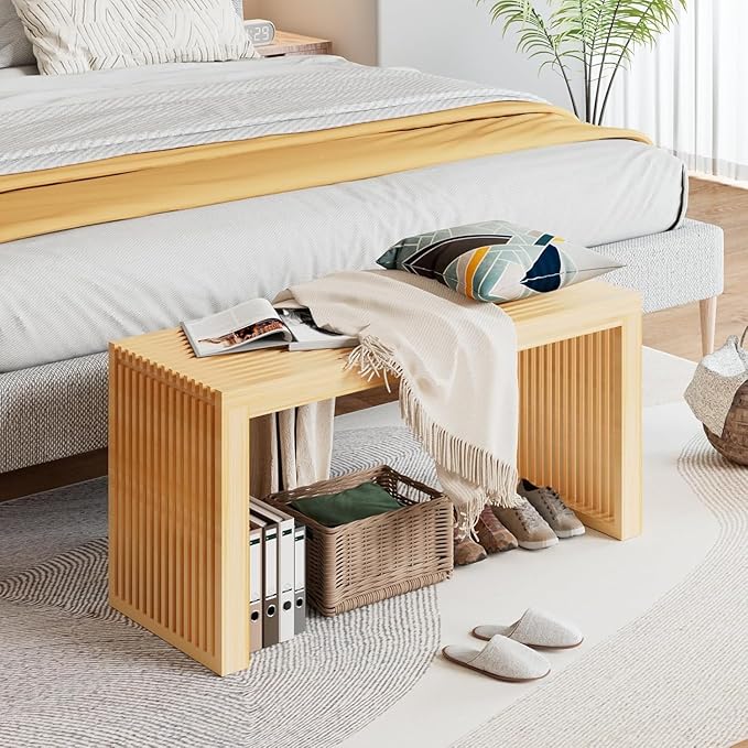 APRTAT Bamboo Dining Bench, 35 inch Farmhouse Decor Indoor Kitchen Table Bench, Entryway Shoe Rack Bench Solid Bamboo Benches for Living Room, Hallway, Bedroom, Bathroom (Nature, Long-Outdoor)