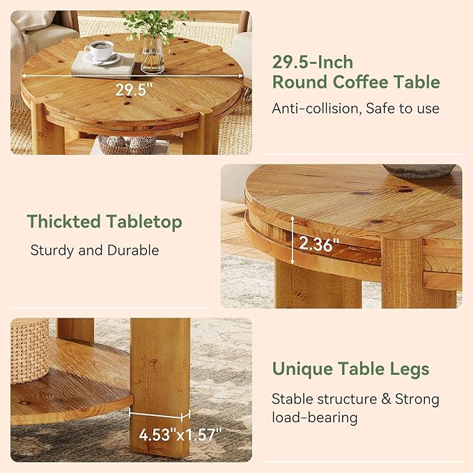 TRIBEWOOD Round Solid Wood Coffee Table, 29.5" Small Farmhouse Circle Accent Center Tables with Storage Shelf for Living Room, 2 Tiers Open-Style Storage Cocktail Tea Furniture, Rustic Brown