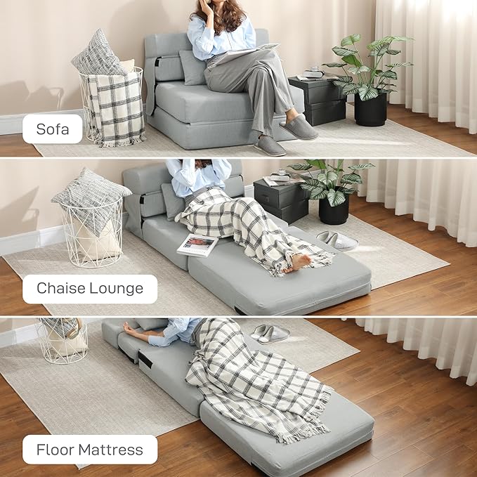 HOMCOM Folding Sofa Bed, Sleeper Chair with Pillow, Modern Linen Convertible Chair Bed, Fold Out Floor Futon Couch for Living Room, Dorm, Guest Use, Home Office, Light Gray