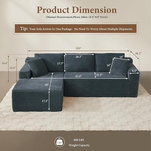 105" Sectional Couches for Living Room Cloud Couch Sofa with L-Shape Upholstered Boneless Couchs Modern Modular Sectional Couch with Chaise (Dark Grey, 105" W+Left Facing Chaise+2Seaters)