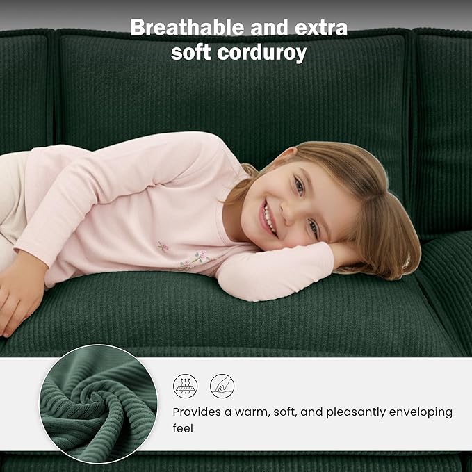 Apicizon 143" Cloud Souch Sectional, 4-Seat Deep Sofa Couch with Ottoman, Modern U Shape Sectional Cloud Sofa Corduroy for Living Room, Apartment, Office, Green
