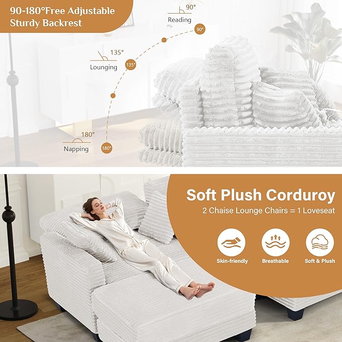 DAMAIFROM Oversized Chaise Lounge Chair Indoor with USB, Cup Holder & Ottoman, Firm Solid Wood Frame with Long Service Life Corduroy Oversized Lounge Reading Chair for Study Room - Beige White