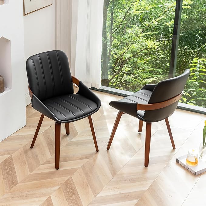YOUUGIOR Mid Century Modern Faux Leather Upholstered Dining Chairs,Armless Accent Chairs with Sturdy Natural Wood Legs,Bamboo Backrest Support for Kitchen&Dining Room Chairs(Set of 2,Black PU)